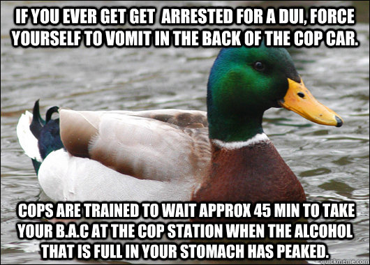 If you ever get get  arrested for a DUI, force yourself to vomit in the back of the cop car.  Cops are trained to wait approx 45 min to take your B.A.C at the cop station when the alcohol that is full in your stomach has peaked.  Actual Advice Mallard