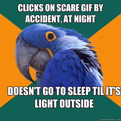 clicks on scare gif by accident, at night doesn't go to sleep til it's light outside  Paranoid Parrot