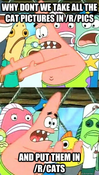 Why dont we take all the cat pictures in /r/pics and put them in /r/cats  Push it somewhere else Patrick