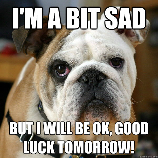 I'm a bit sad But I will be ok, Good luck tomorrow!  