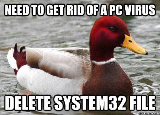 need to get rid of a pc virus delete system32 file  Malicious Advice Mallard