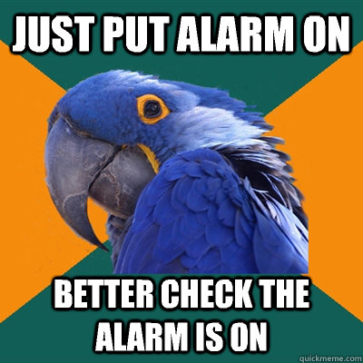 Just put alarm on Better check the alarm is on  Paranoid Parrot
