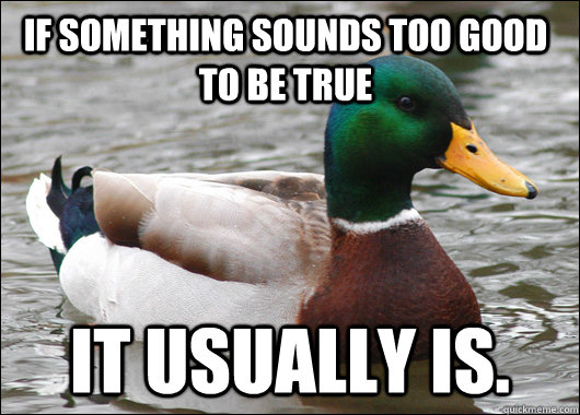 If something sounds too good to be true it usually is.  Actual Advice Mallard