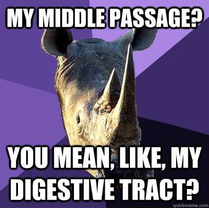 My middle passage? You mean, like, my digestive tract?  Sexually Oblivious Rhino