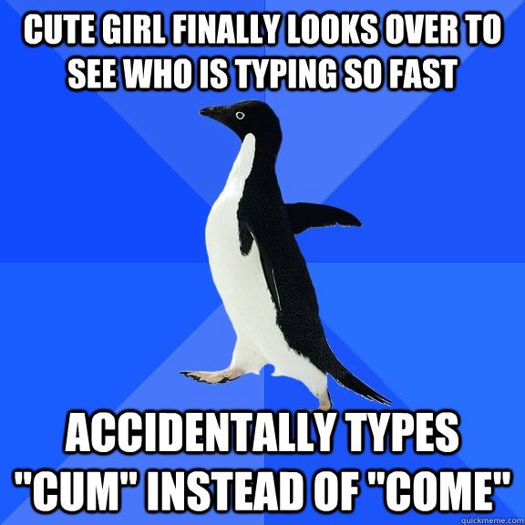 Cute girl finally looks over to see who is typing so fast accidentally types 