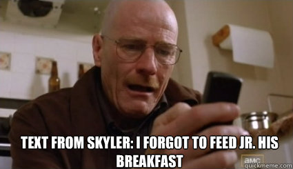 Text from Skyler: I forgot to feed Jr. his Breakfast  Breaking Bad- Breakfast