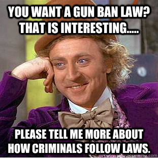 You want a gun ban law?  That is interesting..... please tell me more about how criminals follow laws.  Condescending Wonka