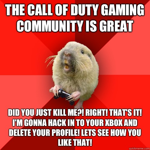 The Call of Duty gaming community is great Did you just kill me?! Right! That's it! I'm gonna hack in to your XBOX and delete your profile! Lets see how you like THAT!  Gaming Gopher