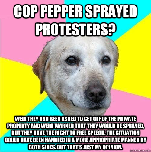 Cop pepper sprayed protesters? well they had been asked to get off of the private property and were warned that they would be sprayed, but they have the right to free speech. the situation could have been handled in a more appropriate manner by both sides  