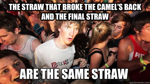 The straw that broke the camel's back and the final straw Are the same straw - The straw that broke the camel's back and the final straw Are the same straw  Sudden Clarity Clarence