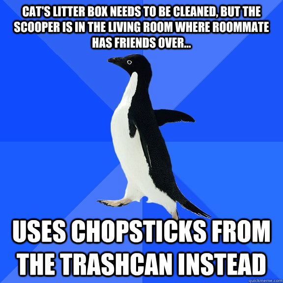 Cat's litter box needs to be cleaned, but the scooper is in the living room where roommate has friends over... Uses chopsticks from the trashcan instead  Socially Awkward Penguin