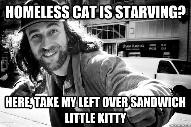 homeless cat is starving? here, take my left over sandwich little kitty - homeless cat is starving? here, take my left over sandwich little kitty  Honest Homeless Man
