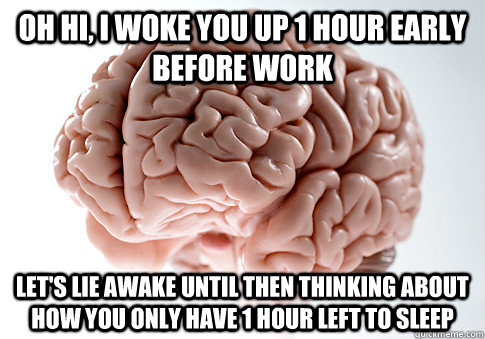 Oh hi, I woke you up 1 hour early before work Let's lie awake until then thinking about how you only have 1 hour left to sleep  Scumbag Brain