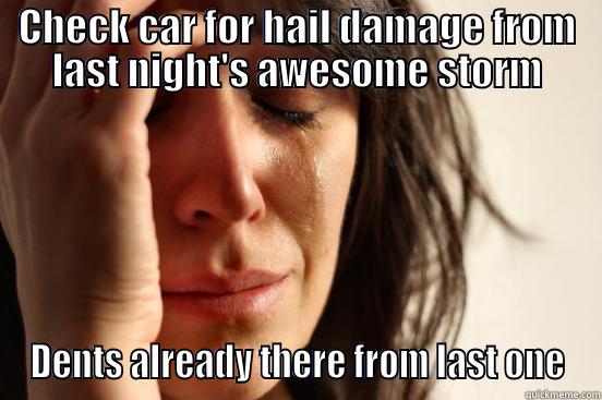 CHECK CAR FOR HAIL DAMAGE FROM LAST NIGHT'S AWESOME STORM DENTS ALREADY THERE FROM LAST ONE First World Problems