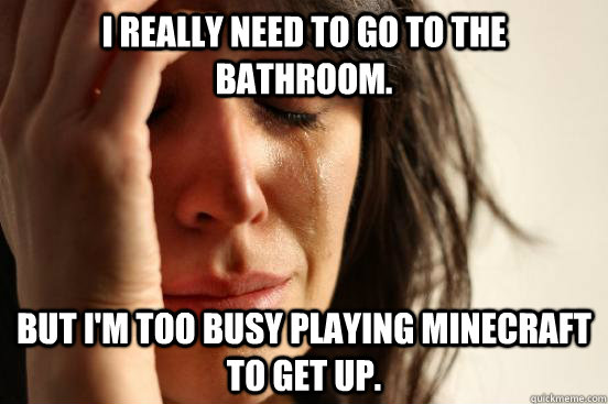 I REALLY need to go to the bathroom. But I'm too busy playing minecraft to get up.  First World Problems