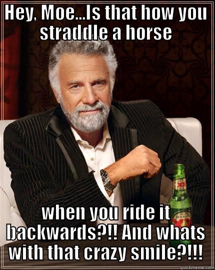 HEY, MOE...IS THAT HOW YOU STRADDLE A HORSE WHEN YOU RIDE IT BACKWARDS?!! AND WHATS WITH THAT CRAZY SMILE?!!! The Most Interesting Man In The World