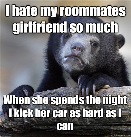 I hate my roommates girlfriend so much  When she spends the night I kick her car as hard as I can  Confession Bear