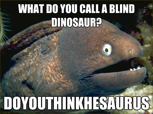 What do you call a blind dinosaur? Doyouthinkhesaurus - What do you call a blind dinosaur? Doyouthinkhesaurus  Bad Joke Eel