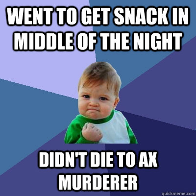 went to get snack in middle of the night didn't die to ax murderer  Success Kid