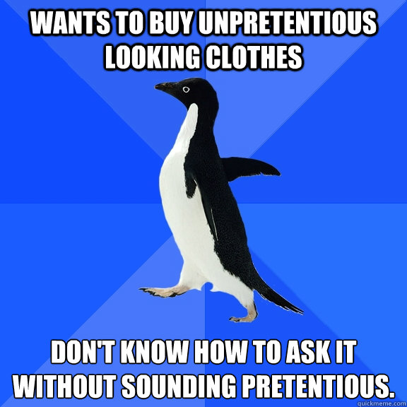 wants to buy unpretentious looking clothes don't know how to ask it without sounding pretentious. 
  Socially Awkward Penguin