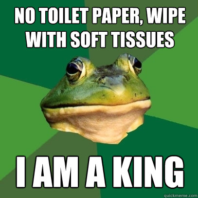 No toilet paper, wipe with soft tissues i am a king  Foul Bachelor Frog