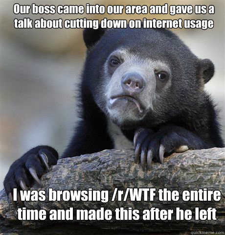 Our boss came into our area and gave us a talk about cutting down on internet usage I was browsing /r/WTF the entire time and made this after he left  Confession Bear