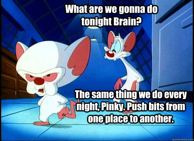 What are we gonna do tonight Brain? The same thing we do every night, Pinky. Push bits from one place to another.  Pinky and the Brain