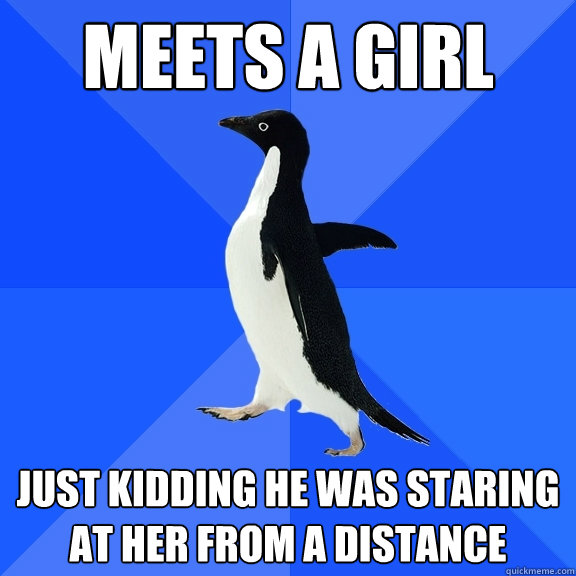 Meets a girl just kidding he was staring at her from a distance  Socially Awkward Penguin