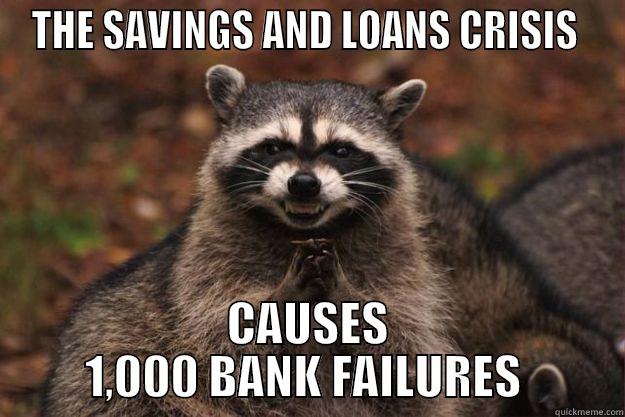 THE SAVINGS AND LOANS CRISIS  CAUSES 1,000 BANK FAILURES  Evil Plotting Raccoon