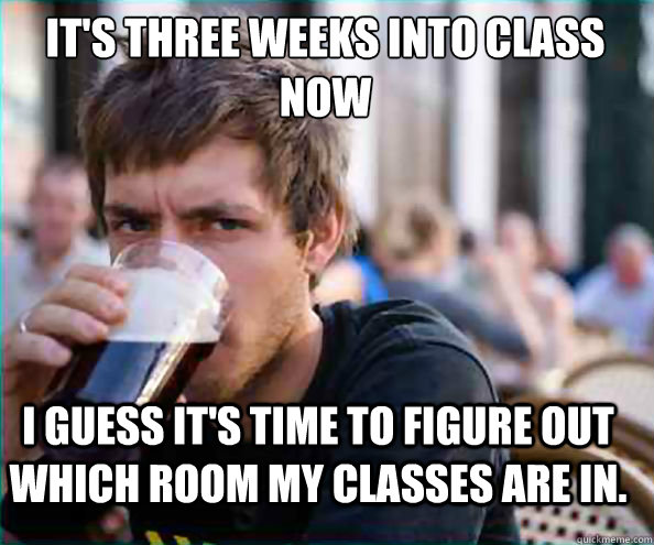 I guess it's time to figure out which room my classes are in. It's three weeks into class
now  Lazy College Senior