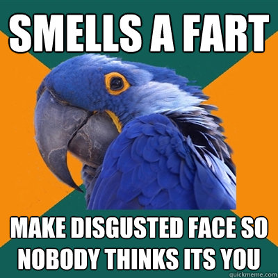 smells a fart make disgusted face so nobody thinks its you  Paranoid Parrot