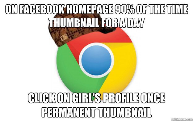 On Facebook Homepage 90% of the time
Thumbnail for a day Click on Girl's profile once
permanent thumbnail  Scumbag Chrome