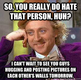 So, you really do hate that person, huh? I can't wait to see you guys hugging and posting pictures on each other's walls tomorrow. - So, you really do hate that person, huh? I can't wait to see you guys hugging and posting pictures on each other's walls tomorrow.  Condescending Wonka