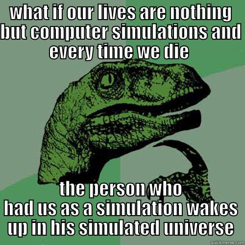 WHAT IF OUR LIVES ARE NOTHING BUT COMPUTER SIMULATIONS AND EVERY TIME WE DIE  THE PERSON WHO HAD US AS A SIMULATION WAKES UP IN HIS SIMULATED UNIVERSE Philosoraptor