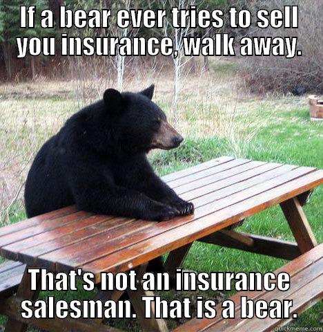 IF A BEAR EVER TRIES TO SELL YOU INSURANCE, WALK AWAY. THAT'S NOT AN INSURANCE SALESMAN. THAT IS A BEAR. waiting bear