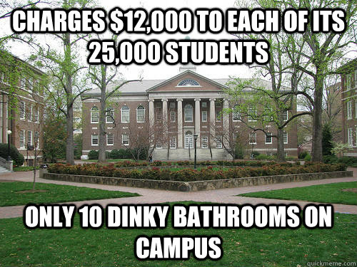 Charges $12,000 to each of its 25,000 students only 10 dinky bathrooms on campus  Scumbag University