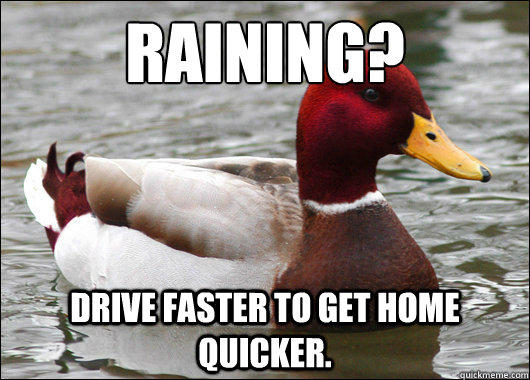 Raining?
 Drive faster to get home quicker.  Malicious Advice Mallard