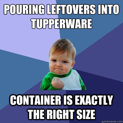 Pouring leftovers into tupperware Container is exactly the right size - Pouring leftovers into tupperware Container is exactly the right size  Success Kid