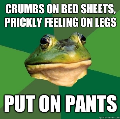 Crumbs on bed sheets,
Prickly feeling on legs Put on pants  Foul Bachelor Frog