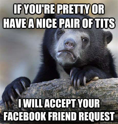 if you're pretty or have a nice pair of tits I will accept your facebook friend request  Confession Bear