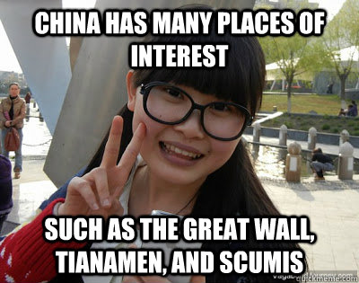 China has many places of interest such as the great wall, tianamen, and scumis  