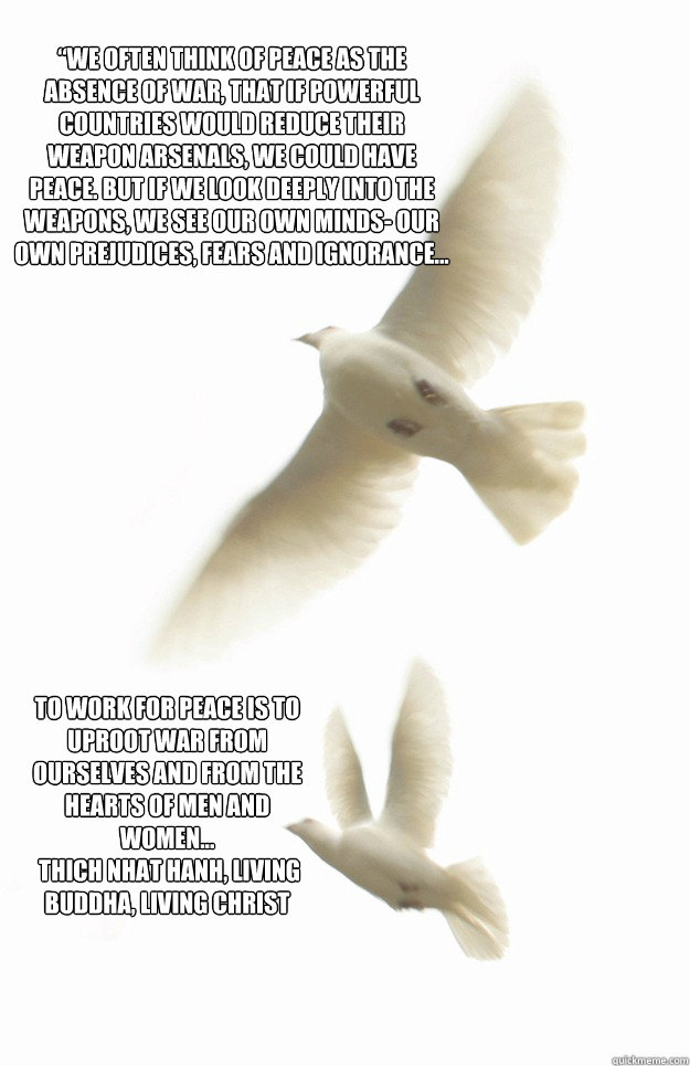 “We often think of peace as the absence of war, that if powerful countries would reduce their weapon arsenals, we could have peace. But if we look deeply into the weapons, we see our own minds- our own prejudices, fears and ignorance...  To work for - “We often think of peace as the absence of war, that if powerful countries would reduce their weapon arsenals, we could have peace. But if we look deeply into the weapons, we see our own minds- our own prejudices, fears and ignorance...  To work for  war and peace