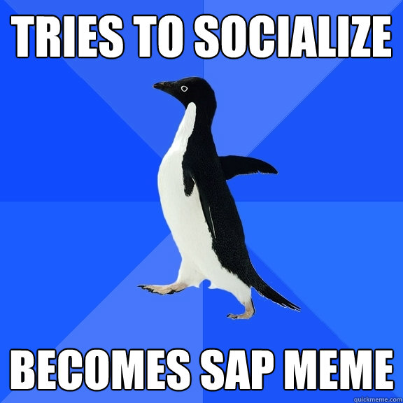 Tries to socialize  Becomes SAP meme  Socially Awkward Penguin