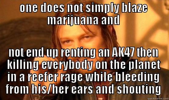 ONE DOES NOT SIMPLY BLAZE MARIJUANA AND NOT END UP RENTING AN AK47 THEN KILLING EVERYBODY ON THE PLANET IN A REEFER RAGE WHILE BLEEDING FROM HIS/HER EARS AND SHOUTING Boromir