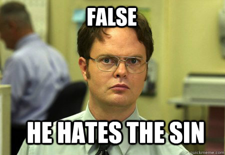 false he hates the sin  Schrute