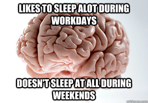 Likes to sleep alot during workdays Doesn't sleep at all during weekends  Scumbag Brain