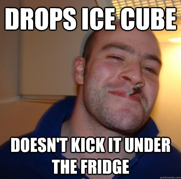 Drops ice cube Doesn't kick it under the fridge - Drops ice cube Doesn't kick it under the fridge  Misc