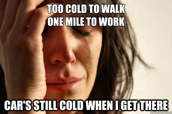 Too cold to walk 
one mile to work car's still cold when I get there  First World Problems