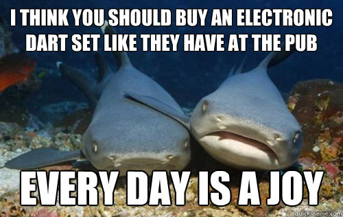 i think you should buy an electronic dart set like they have at the pub every day is a joy  Compassionate Shark Friend