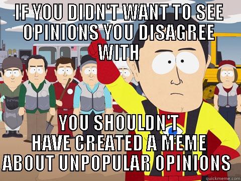 IF YOU DIDN'T WANT TO SEE OPINIONS YOU DISAGREE WITH YOU SHOULDN'T HAVE CREATED A MEME ABOUT UNPOPULAR OPINIONS  Captain Hindsight